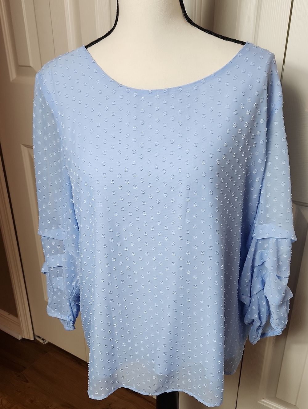 Zac & Rachel Pale Blue Swiss Dot Ruffle Sleeve Top